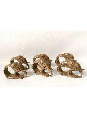 Hand-Carved Wooden Elephant Napkin Rings Set Of 6 Rustic Table Decor